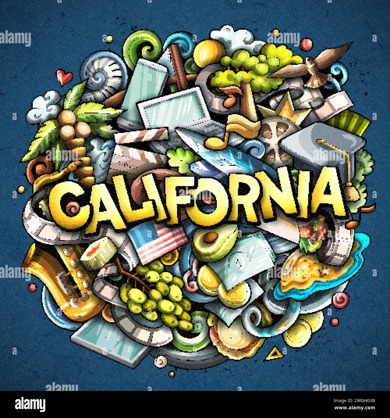 California dibujado a mano ilustración de doodle de dibujos animados. Divertido EE.UU. Diseño de estado. Arte creativo vector de fondo. Texto manuscrito con elementos y objetos. Ilustración del Vector