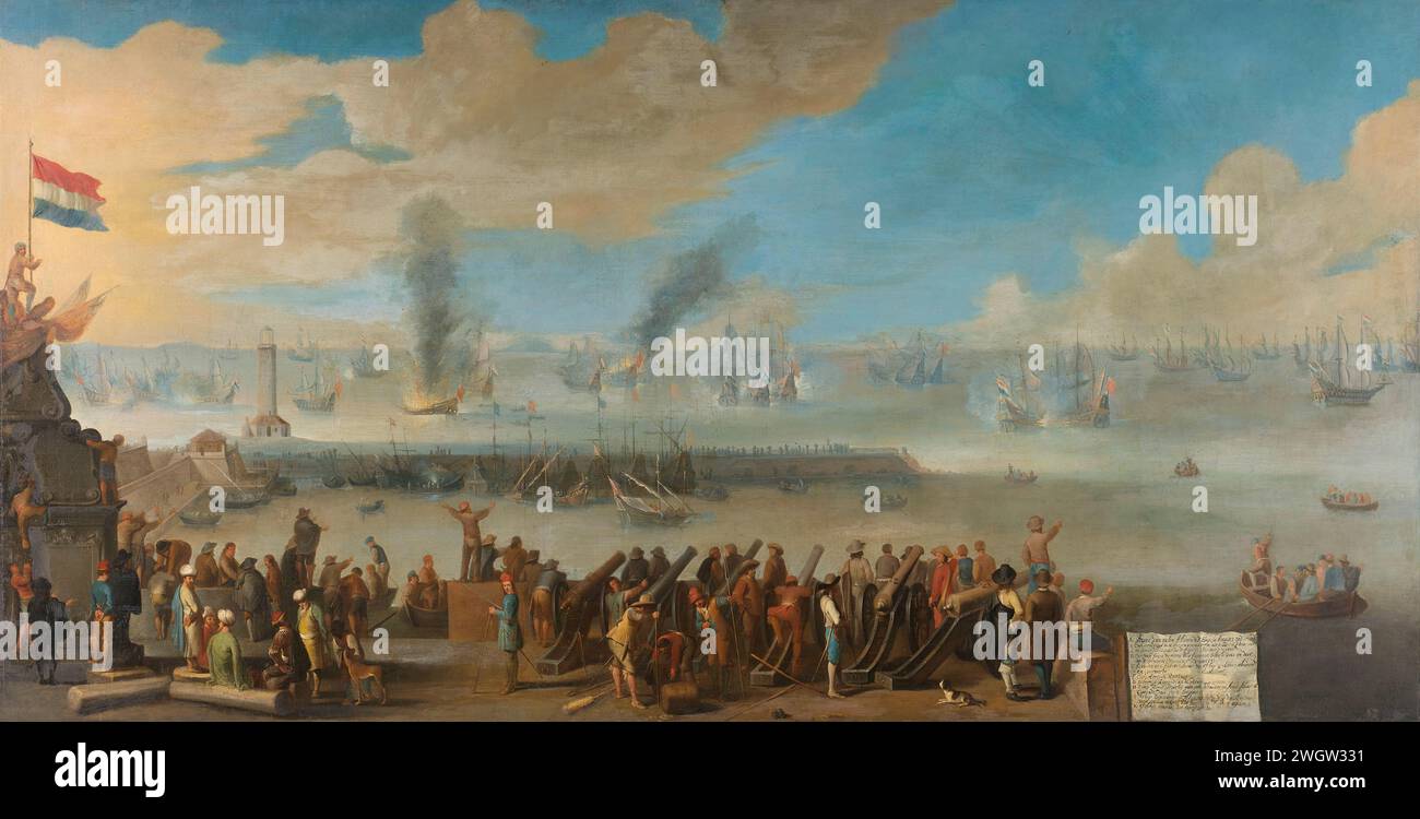 La batalla cerca de Livorno (14 de marzo de 1653), anónima, después de 1653 - 1660 pintando la batalla del mar en Livorno, 14 de marzo de 1653, evento de la primera guerra marítima inglesa. Una pelea marítima entre los escuadrones holandeses e ingleses bajo el mando de Jan van Galen y Henry Appleton, vista desde la costa, donde se instala una batería costera. Numerosos barcos en llamas en el mar. Los barcos se identifican en un papel de hoja de trompe-d'oeil en la parte inferior derecha. Pintura al óleo de Holanda Septentrional (pintura). lienzo. batalla de panel (+ barcos de vela). velero, velero. armas de fuego: cañón. Batalla de Leghorn Livorno Foto de stock