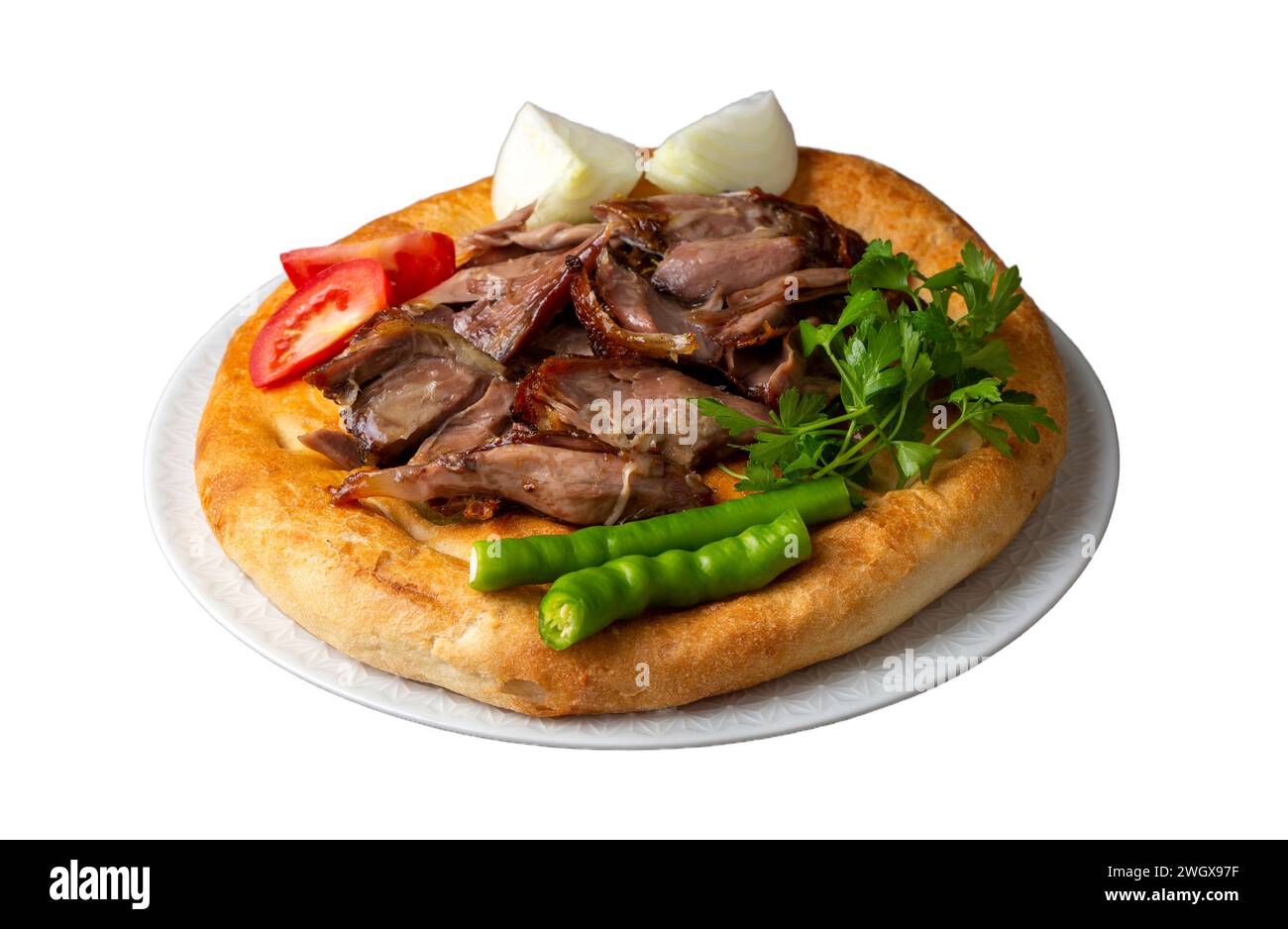 Delicioso plato de carne de la cocina turca; Konya horno kebab, tandoori kebab. Nombre turco; Konya furun o firin kebabi, tandir kebabi Foto de stock