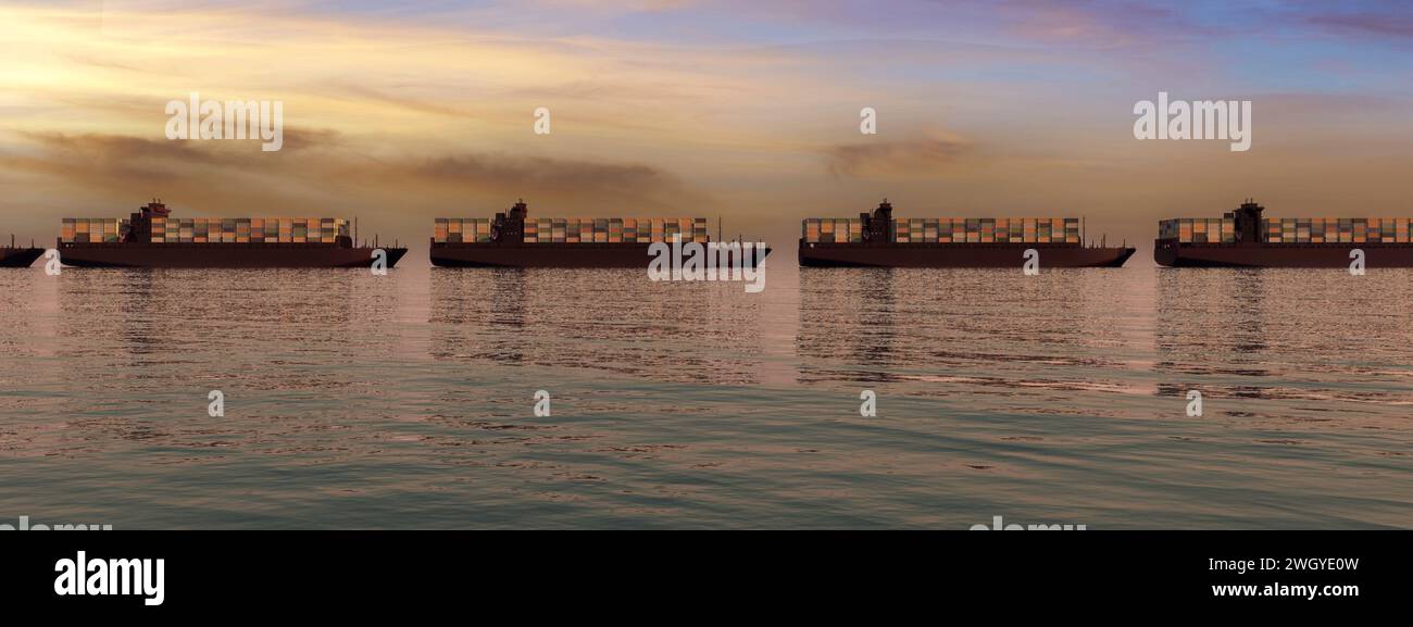 Flota de buques de carga alineados en el horizonte en el crepúsculo Flota de barcos de carga alineados en el horizonte en el crepúsculo Foto de stock
