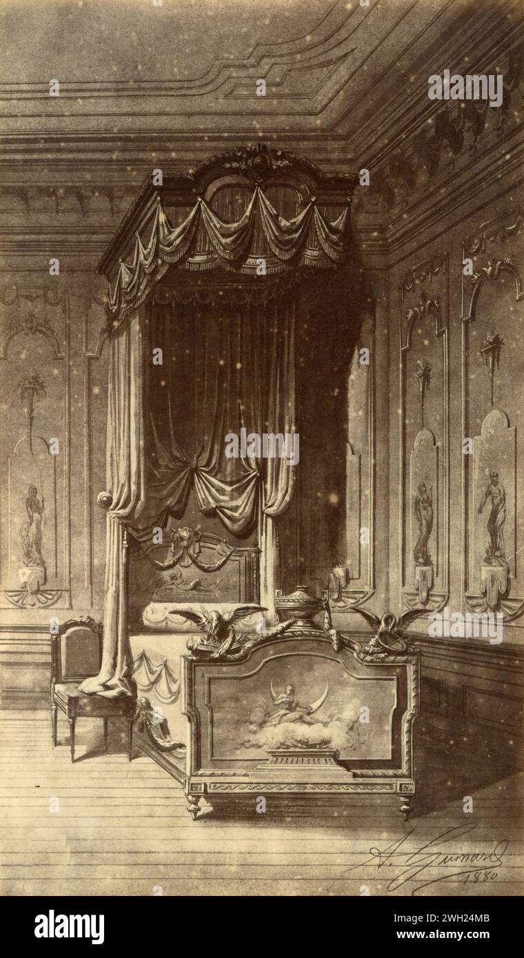 Luis XVI, cama de estilo XVIII con cortinas bordadas, dibujo del artista francés Alfred Guinard, Francia 1881 Foto de stock