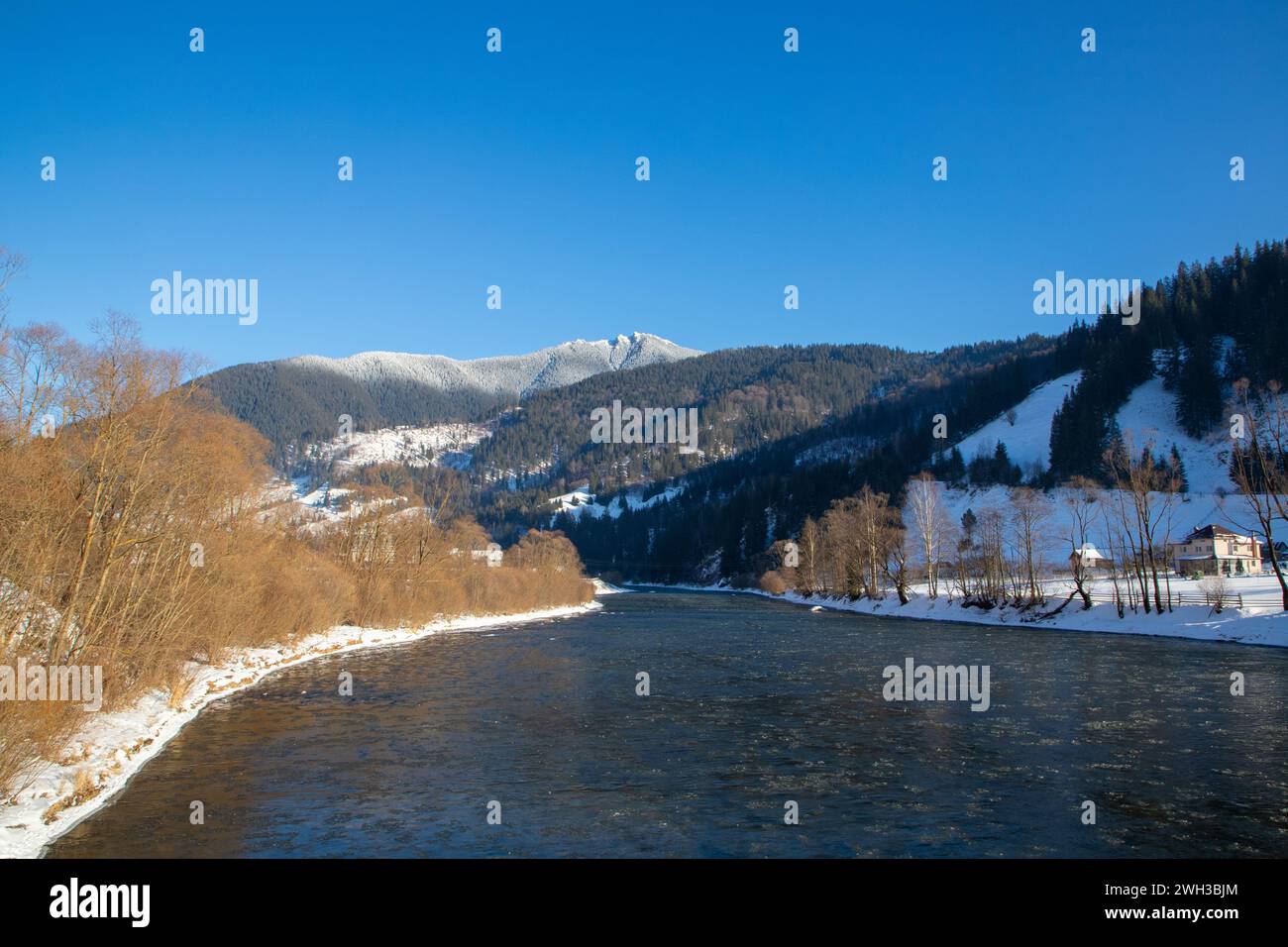 Río que fluye a través del paisaje nevado con árboles y montañas en el telón de fondo Foto de stock