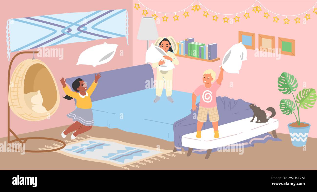 Personajes felices de los niños con alegría que se divierten pelea de almohada en casa dormitorio ilustración vectorial. Niños emocionados saltando en la cama, haciendo ruido Ruckus. Alegría Ilustración del Vector