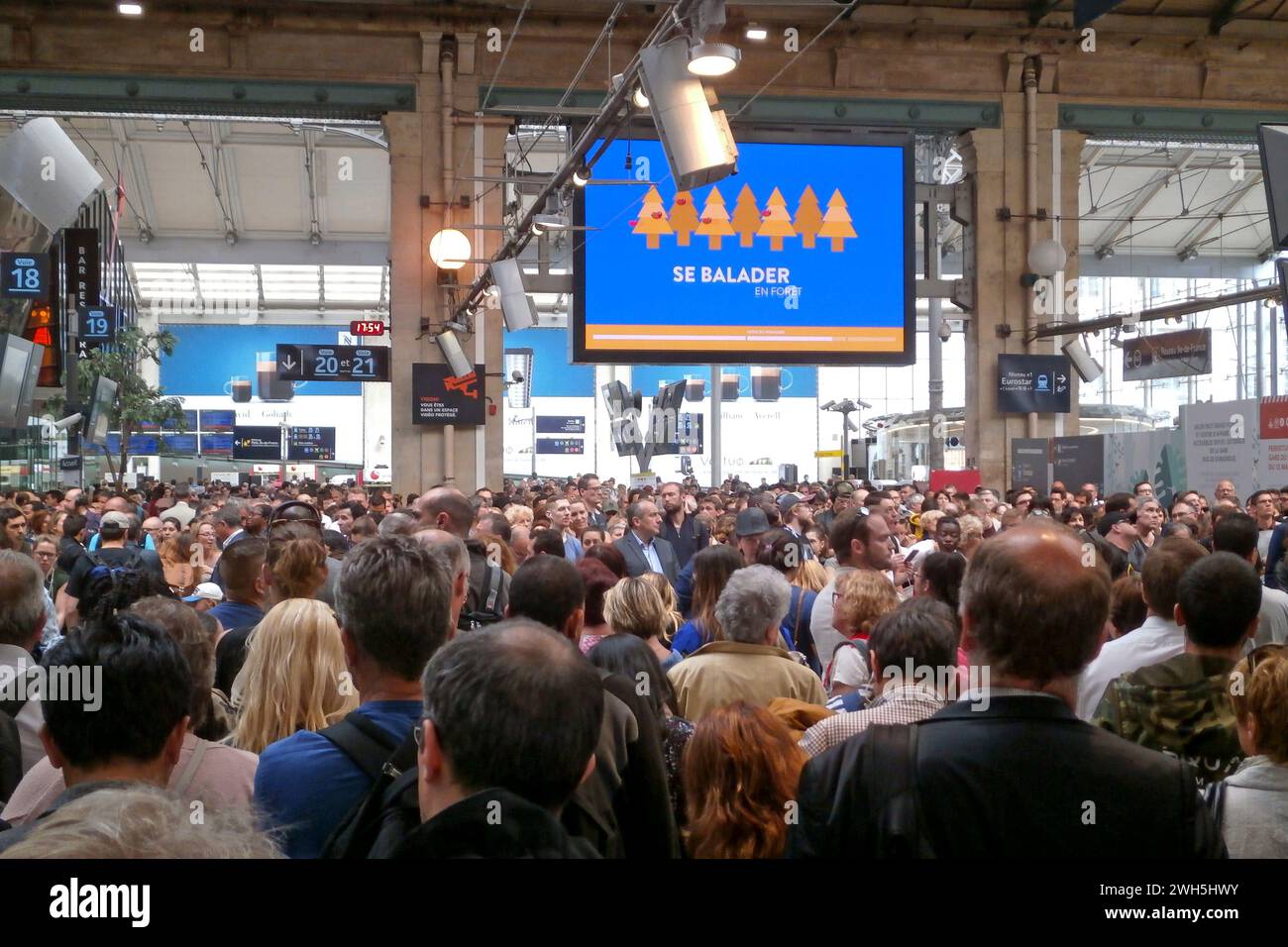 París, Francia - 25 de mayo de 2018: Miles de viajeros y viajeros atrapados en Gare du Nord esperando a que lleguen sus trenes. Foto de stock