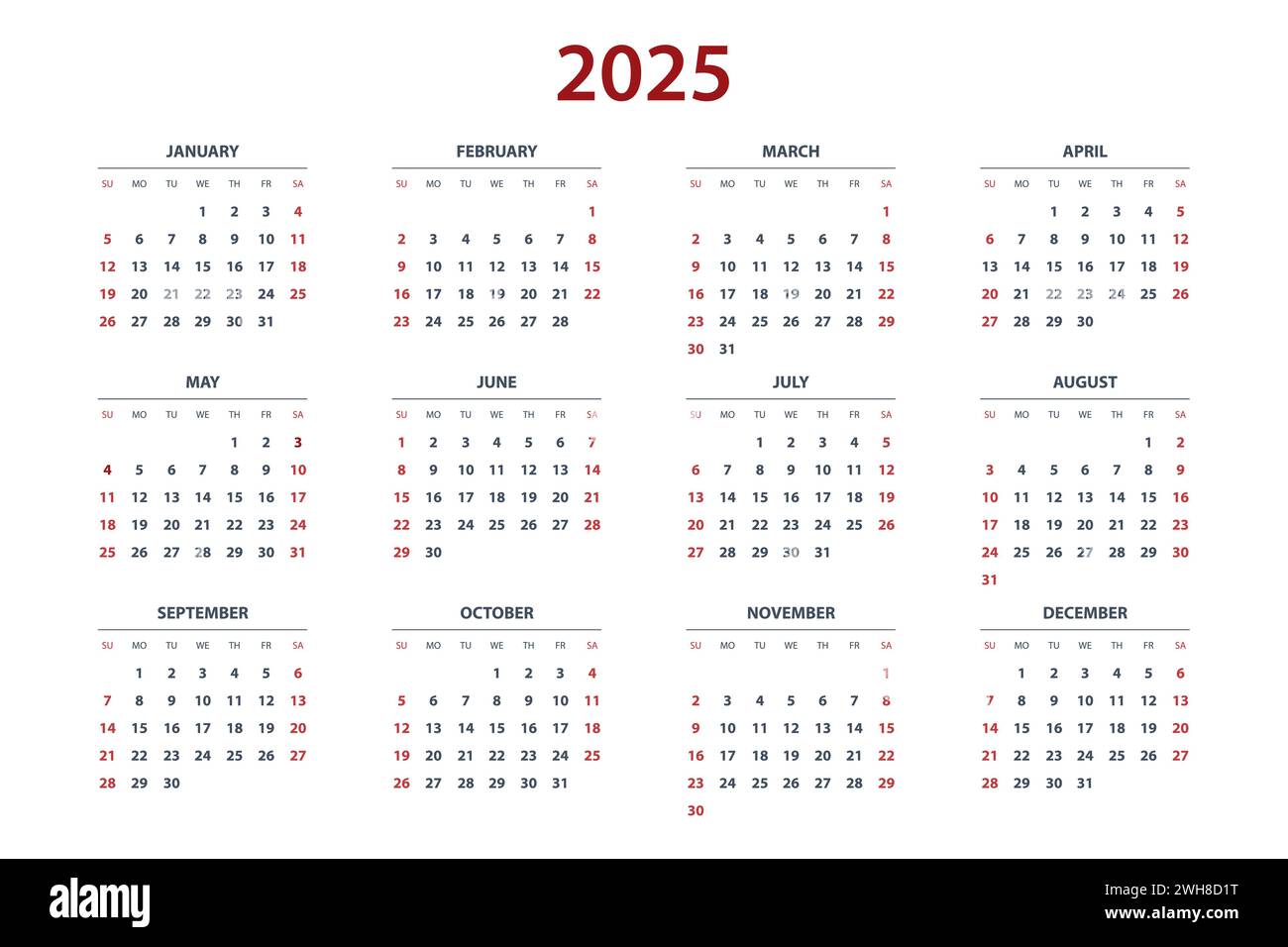 Plantilla de calendario trimestral para el año 2025. Rejilla de