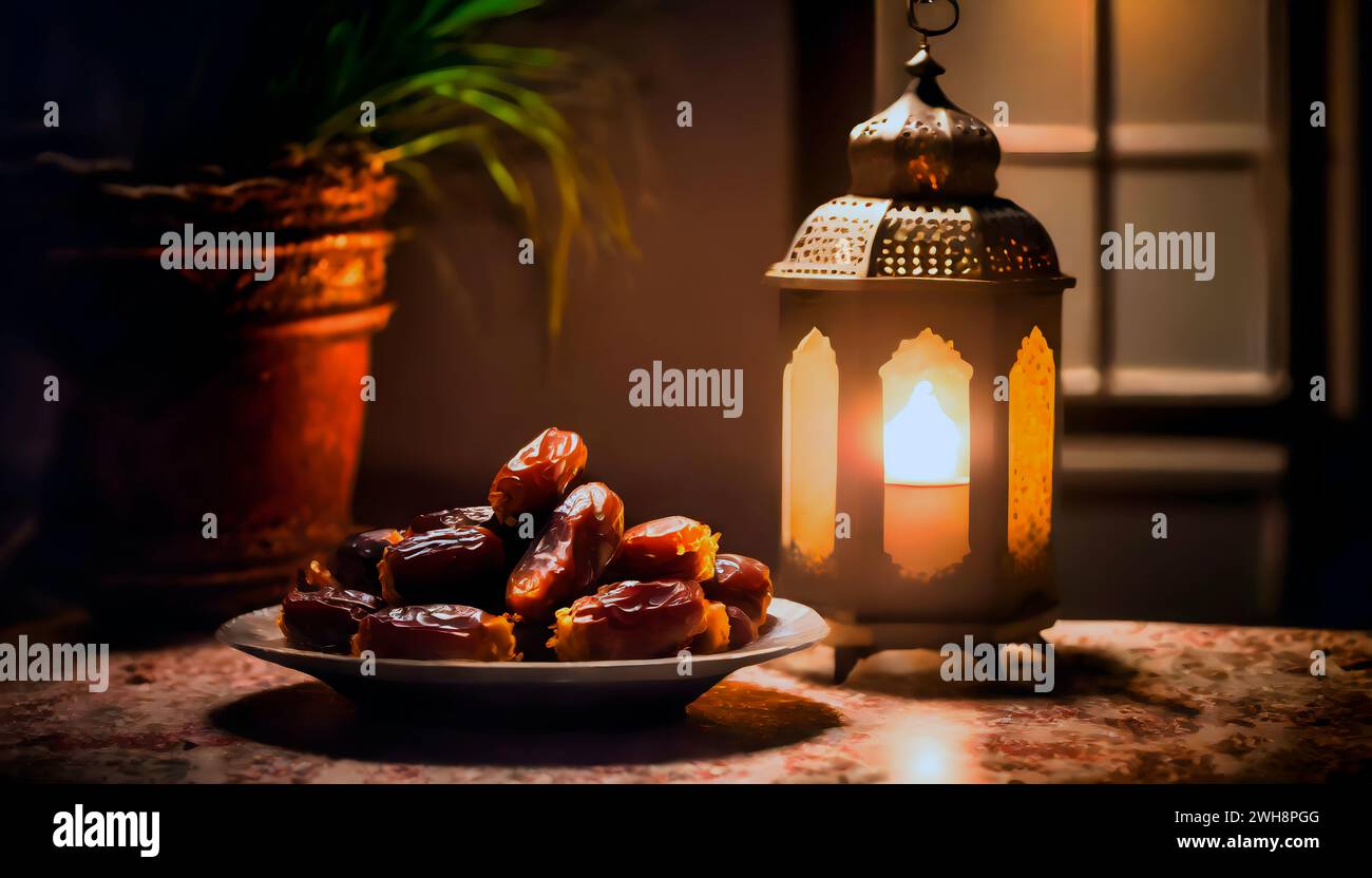 Momentos festivos de Ramadán: Primer plano de las fechas con el brillo de la linterna en la superficie de madera. Foto de stock
