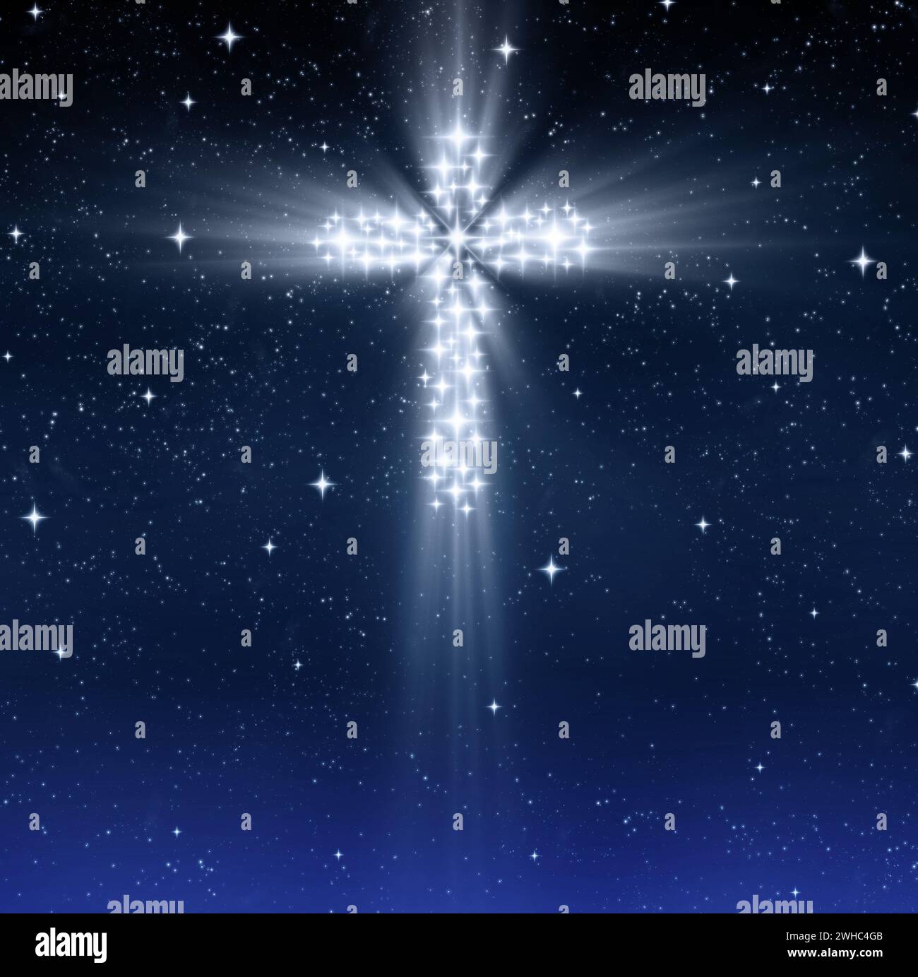 Cruz religiosa brillante en las estrellas Foto de stock