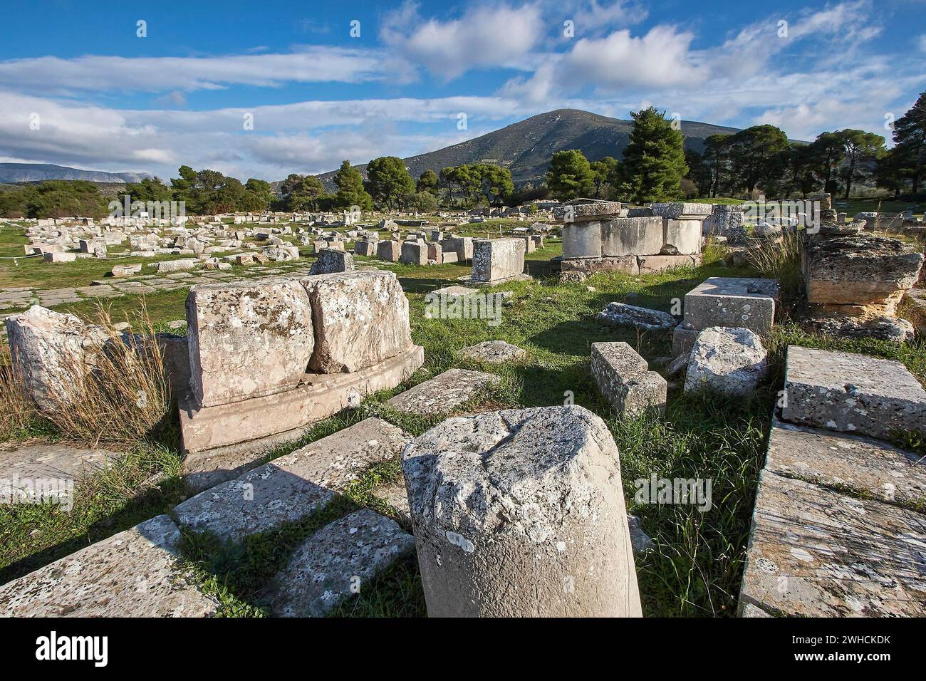 Piedras desgastadas y ruinas antiguas en un prado bajo un cielo azul claro, antiguo templo, Epidauro, Peloponeso, Grecia Foto de stock