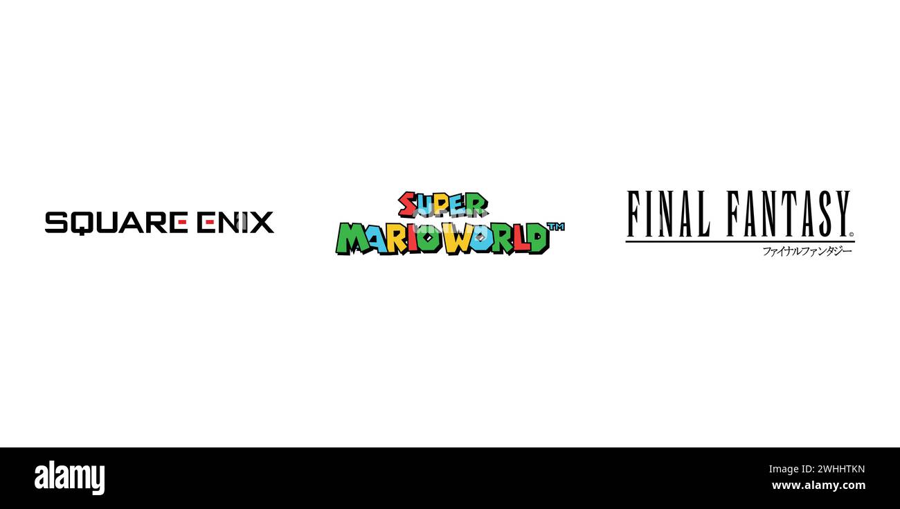 Square Enix, Super Mario World, Final Fantasy. Emblema editorial de marca. Ilustración del Vector