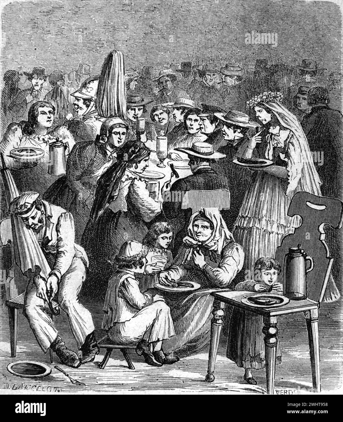 Alemanes comiendo en sopa de cocina o restaurante social en Ratisbona, anteriormente Ratisbon, Hospital Baviera Alemania. Vintage o grabado histórico o ilustración 1863 Foto de stock