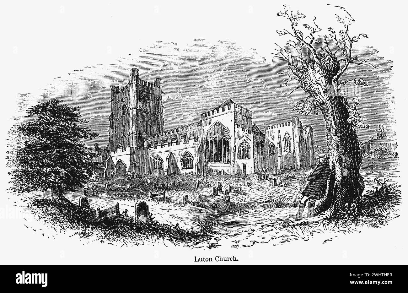Iglesia de Santa María, Luton; siglo XIX. Ilustración en blanco y negro de la "vieja Inglaterra" publicada por James Sangster en 1860. Foto de stock