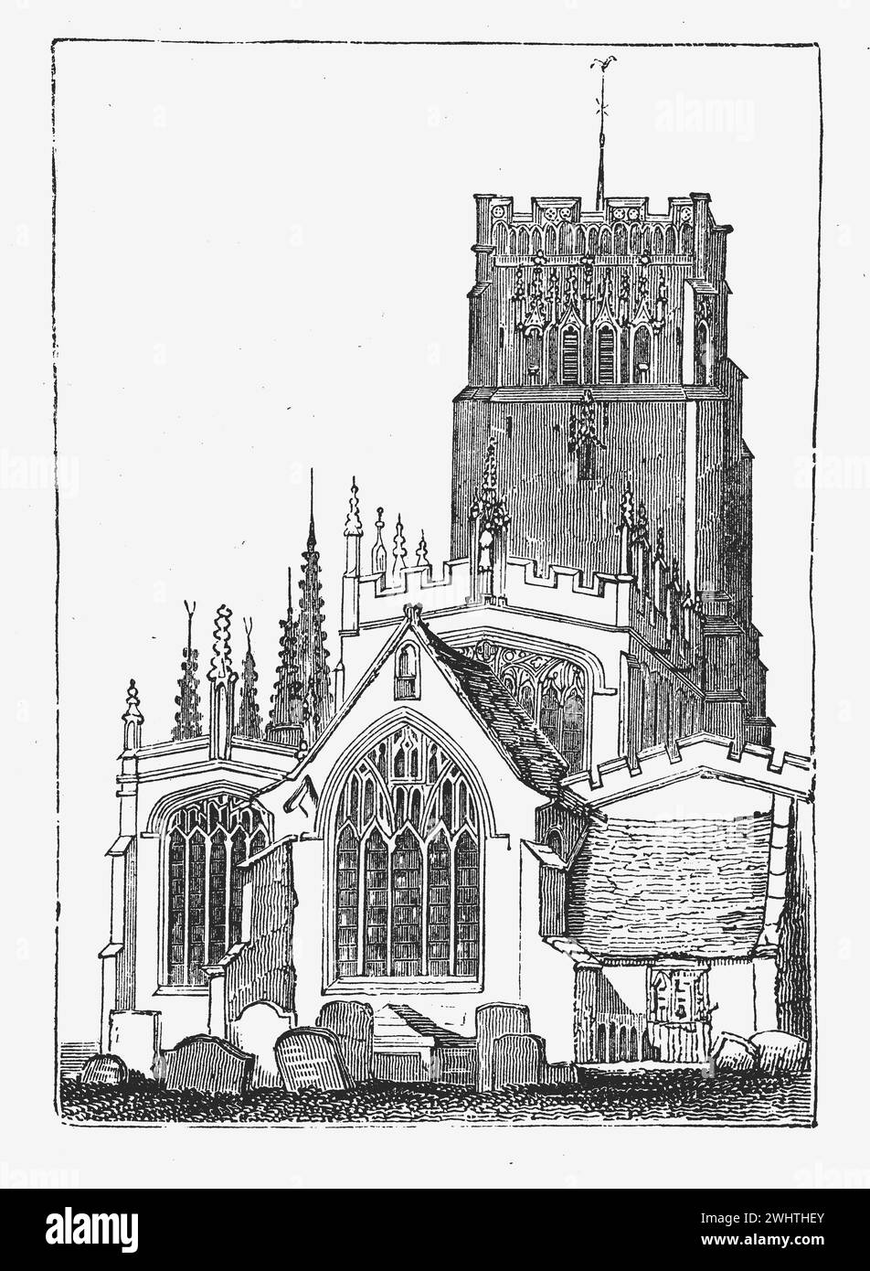 Iglesia de San Pedro y San Pablo, Northleach, Gloucestershire. Ilustración en blanco y negro de la "vieja Inglaterra" publicada por James Sangster en 1860. Foto de stock