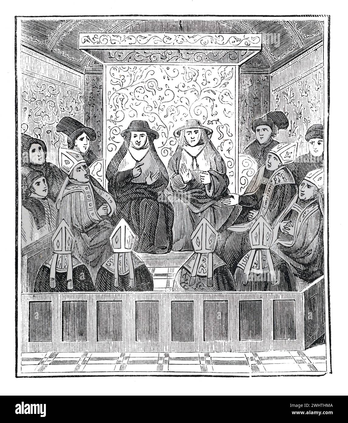Convocatoria del Clero Medieval en Inglaterra del siglo XV. Ilustración en blanco y negro de la "vieja Inglaterra" publicada por James Sangster en 1860. Foto de stock
