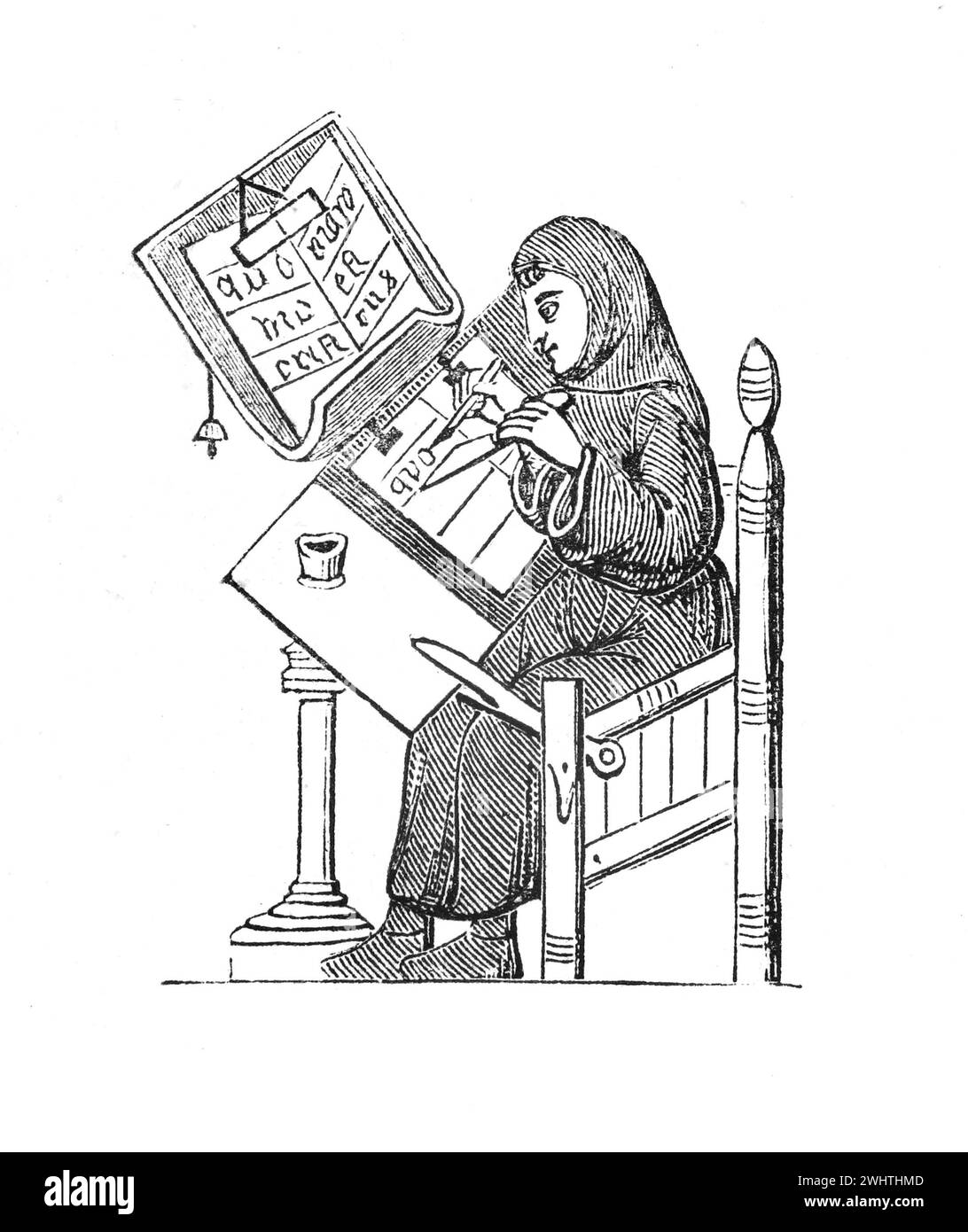 Transcriptor medieval en el trabajo. siglo xv. Ilustración en blanco y negro de la "vieja Inglaterra" publicada por James Sangster en 1860. Foto de stock
