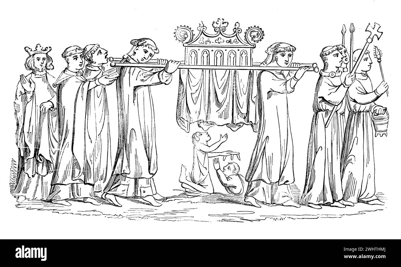 El paso de la Hostia con los lisiados adorando debajo. Ilustración en blanco y negro de la "vieja Inglaterra" publicada por James Sangster en 1860. Foto de stock