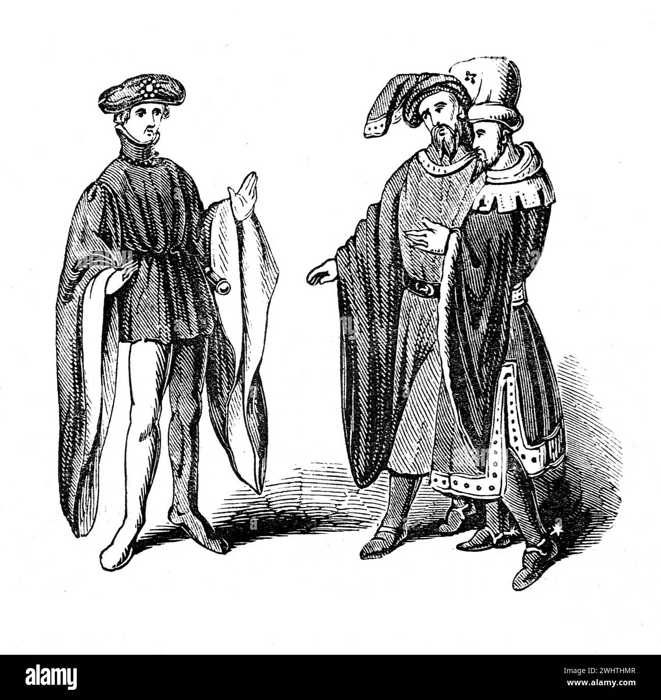 Trajes masculinos en la época de Enrique VI de Inglaterra. Ilustración en blanco y negro de la "vieja Inglaterra" publicada por James Sangster en 1860. Foto de stock