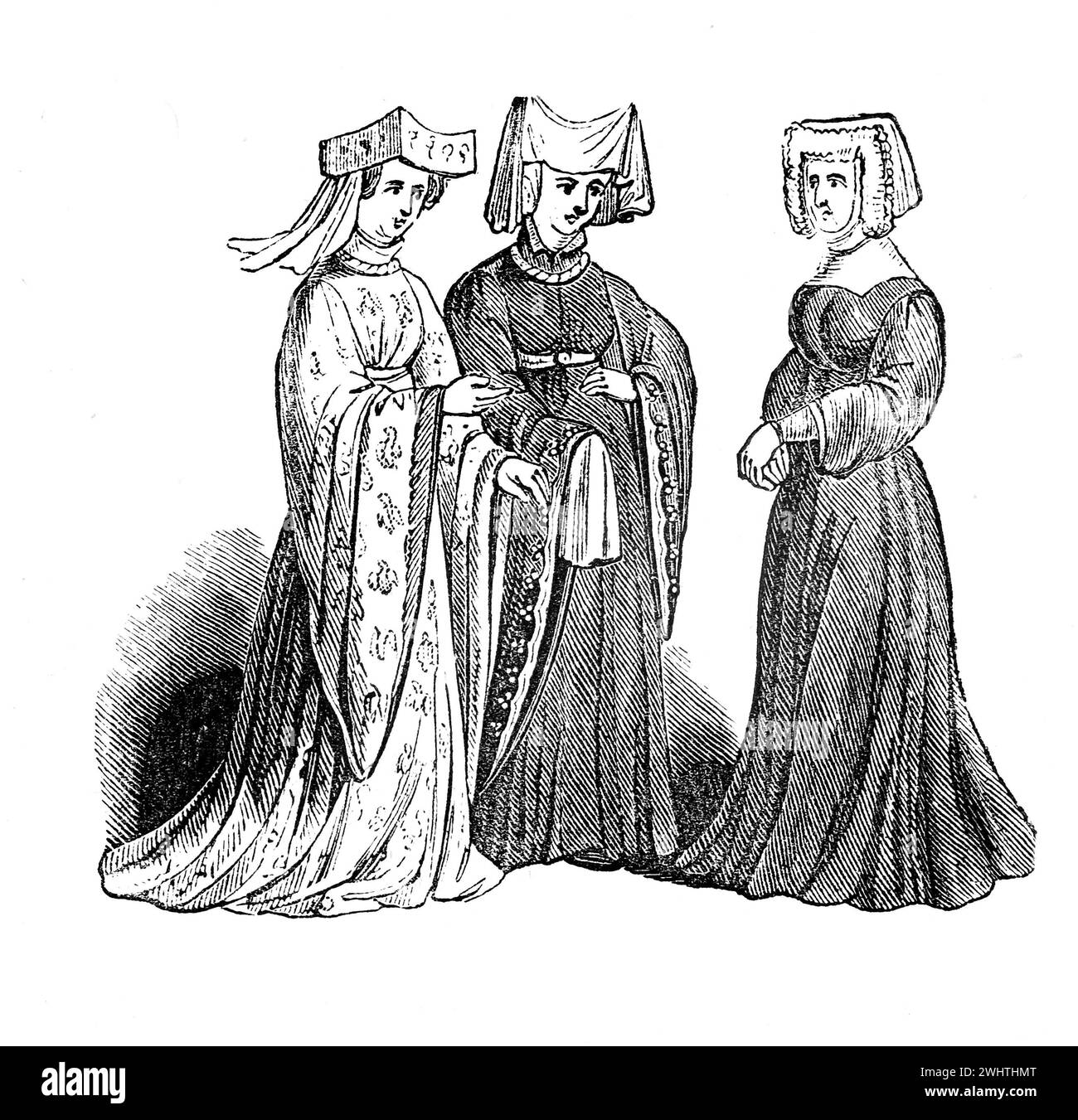Disfraz femenino en la época de Enrique V de Inglaterra. Ilustración en blanco y negro de la "vieja Inglaterra" publicada por James Sangster en 1860. Foto de stock