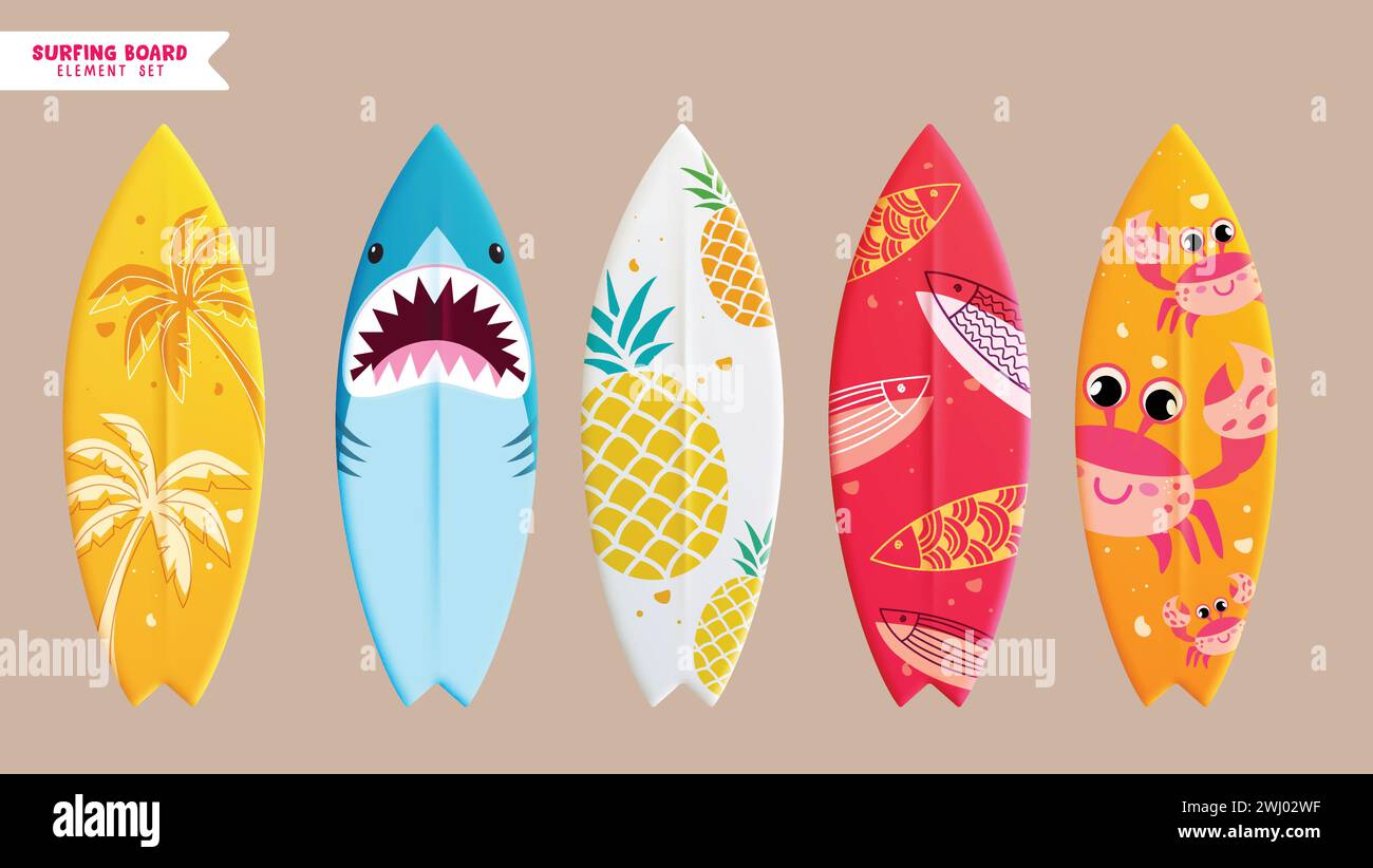 Conjunto de vector de elemento de tabla de surf de verano. Tabla de surf de verano con colección de patrones de tiburón, piña, pescado y cangrejo para la actividad de deportes acuáticos de playa. Ilustración del Vector