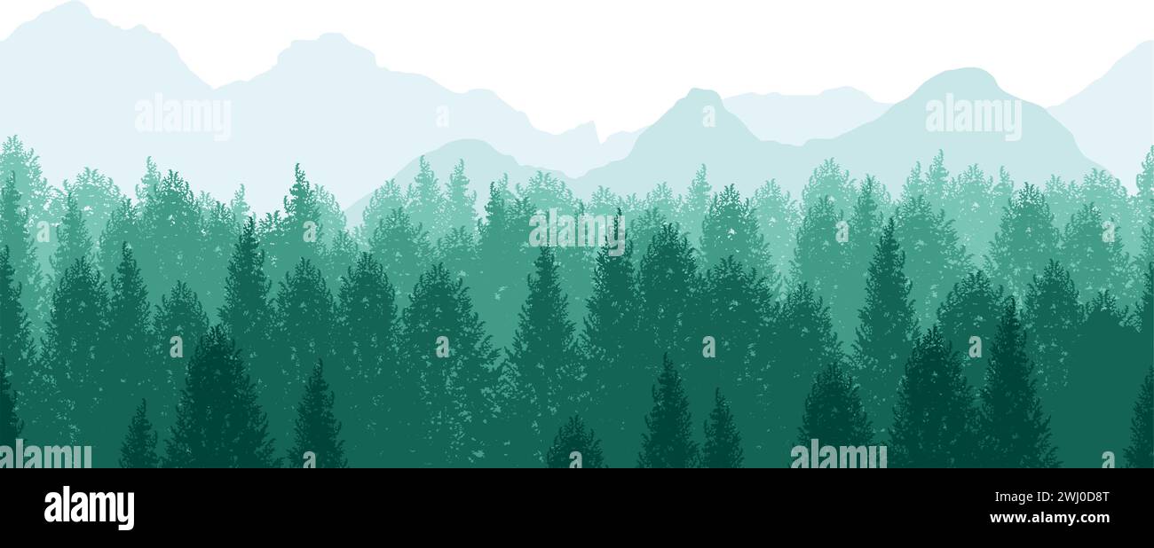 Vector ilustración de fondo de bosque sin fisuras con montañas en el fondo. Horizontalmente repetible. Ilustración del Vector