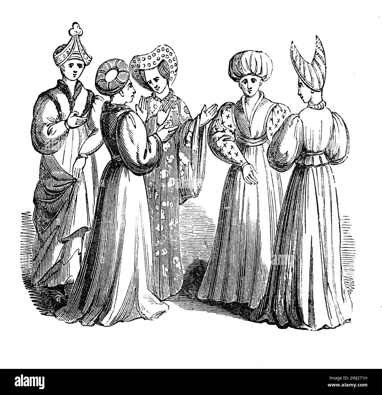 Trajes femeninos en la época de Enrique VI de Inglaterra. Ilustración en blanco y negro de la "vieja Inglaterra" publicada por James Sangster en 1860. Foto de stock