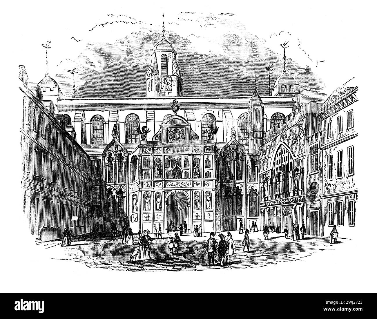 El Guildhall, la ciudad de Londres alrededor de 1750. Ilustración en blanco y negro de la "vieja Inglaterra" publicada por James Sangster en 1860. Foto de stock