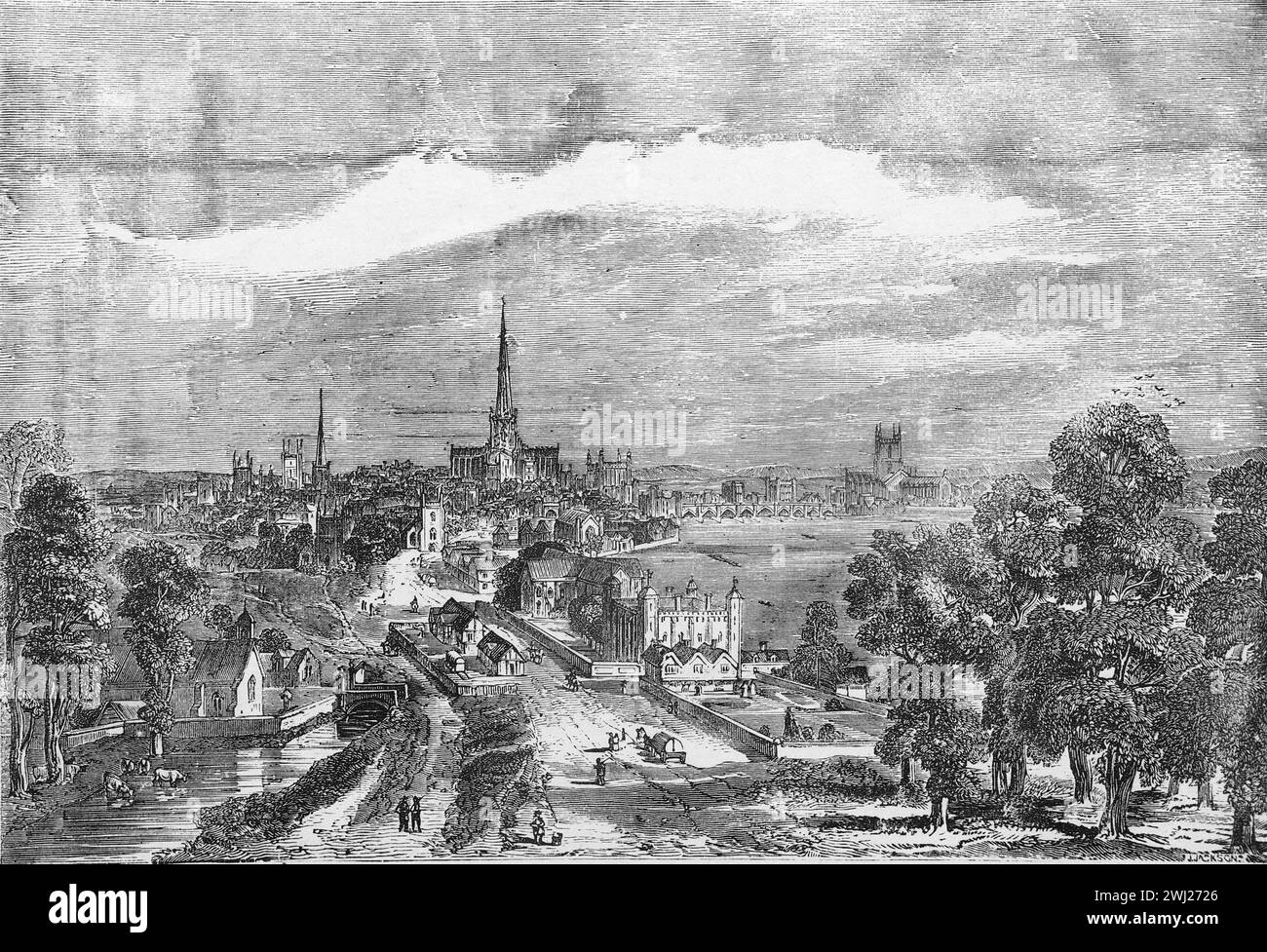 Restauración de la antigua vía de Westminster a Londres. Ilustración en blanco y negro de la "vieja Inglaterra" publicada por James Sangster en 1860. Foto de stock