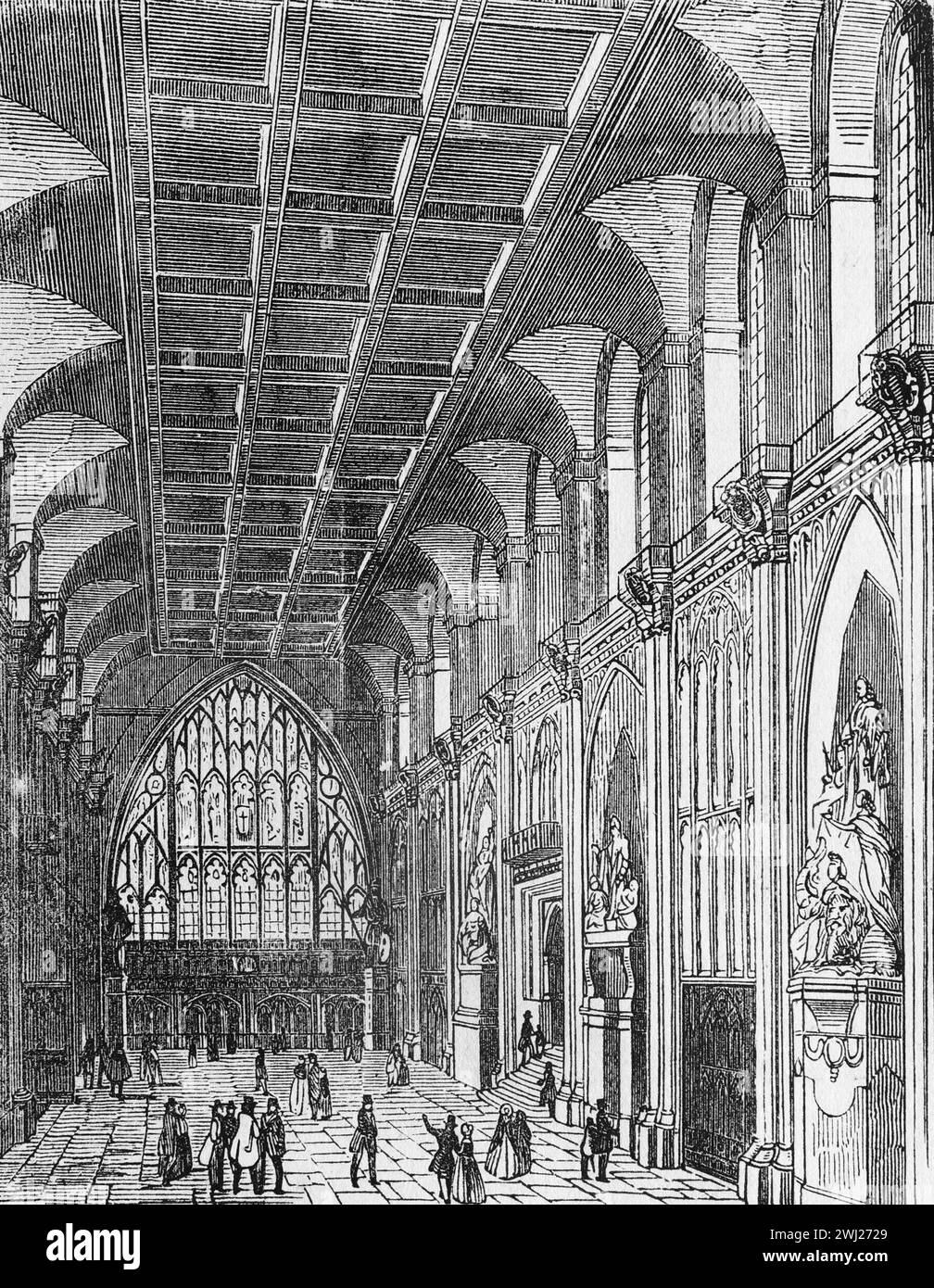 Interior del Guildhall, Ciudad de Londres, hacia 1750. Ilustración en blanco y negro de la "vieja Inglaterra" publicada por James Sangster en 1860. Foto de stock