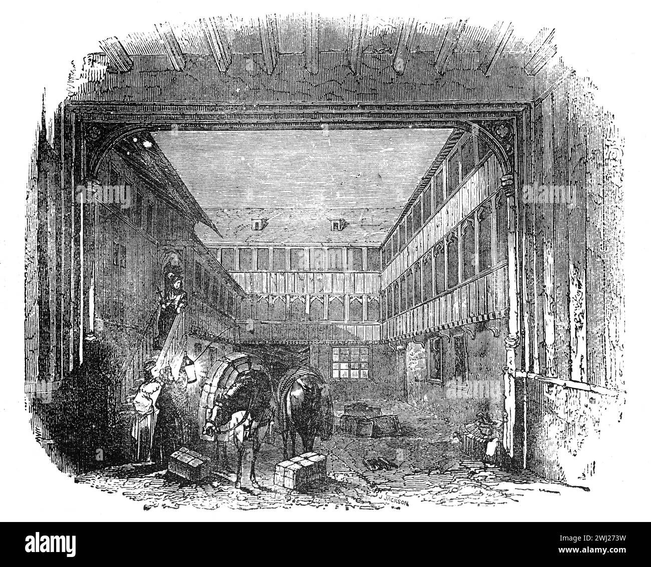 Un Inn Yard i Londres. Siglo XVI o XVII; Ilustración en blanco y negro de la "vieja Inglaterra" publicada por James Sangster en 1860. Foto de stock