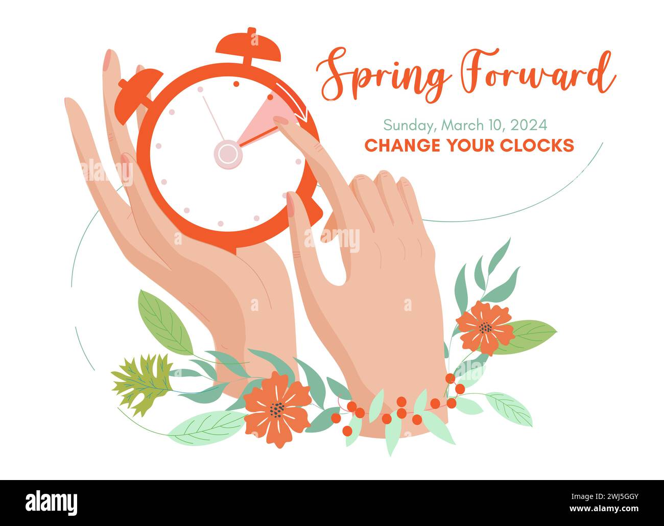 establezca el reloj una hora por delante. Comienza el horario de verano, Spring Forward banner. El reloj despertador se establece una hora por delante moviendo la mano con la suya Ilustración del Vector