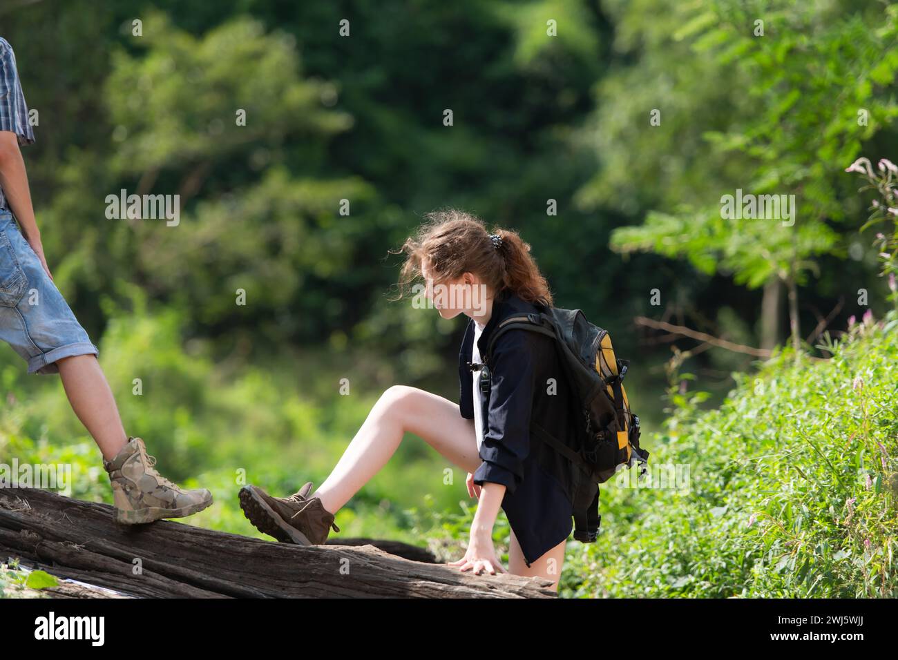 Mujer joven con mochila que sube en un tronco en el bosque, concepto de senderismo. Foto de stock