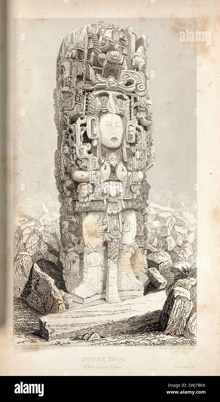 Stone Idol, 13 pies de altura en Copán. De incidentes de viajes en Centroamérica, Chiapas y Yucatán / por John L. Stephens. 1841 Foto de stock