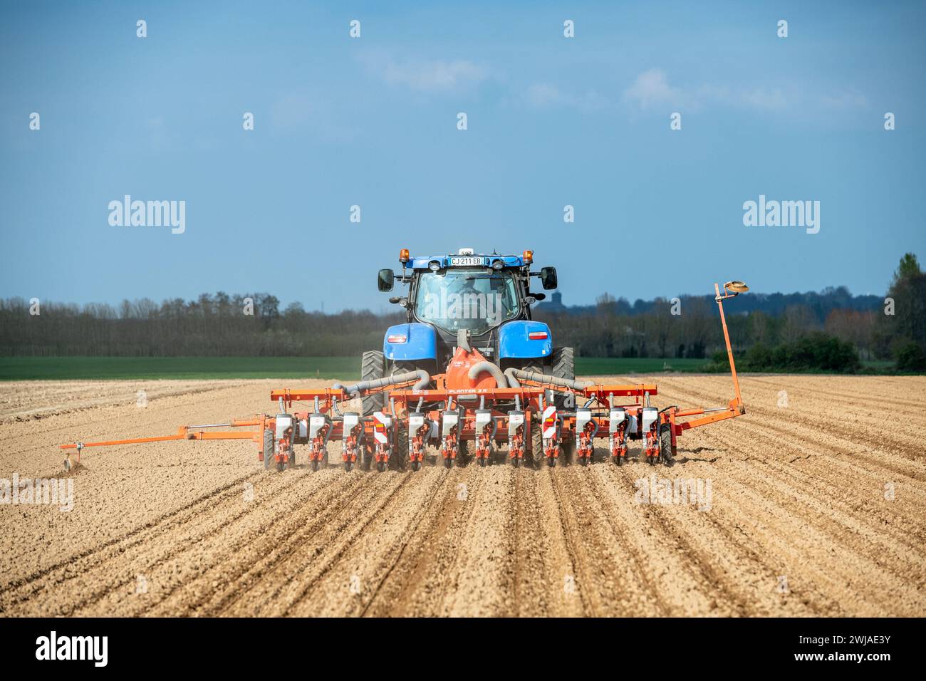 Siembra de remolacha azucarera en un campo en abril con un tractor y un taladro de semillas de precisión Kuhn de 12 filas en Saint-Pierre-Benouville (norte de Francia) Foto de stock