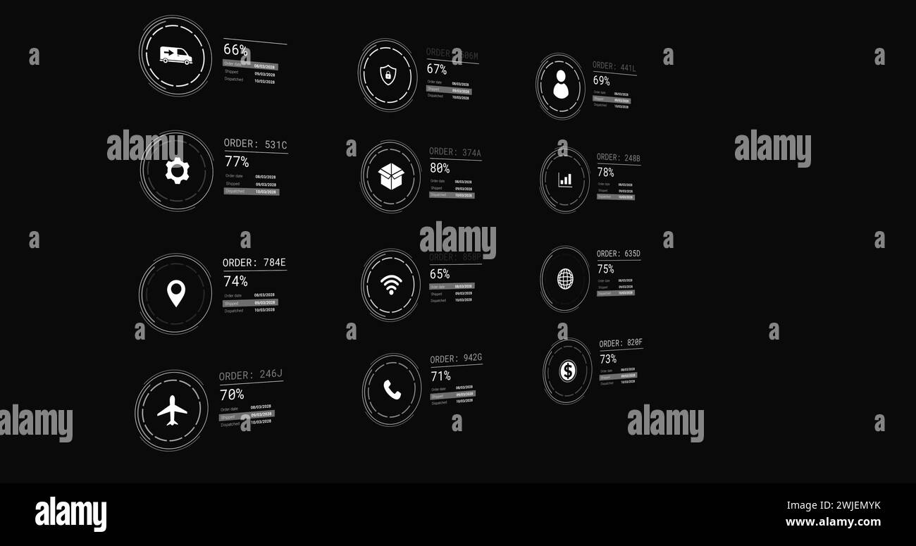 Imagen de iconos con procesamiento de datos sobre fondo negro Foto de stock