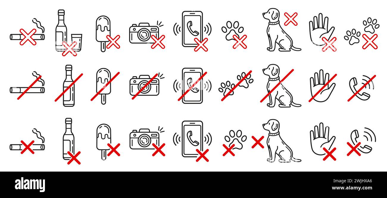 Señal de prohibición, no se permite ningún animal de perro, fumar, entrada prohibida de mascotas, comida y bebida, no tocar, utilice el teléfono móvil, icono de la línea de la cámara de fotos. Vector Ilustración del Vector