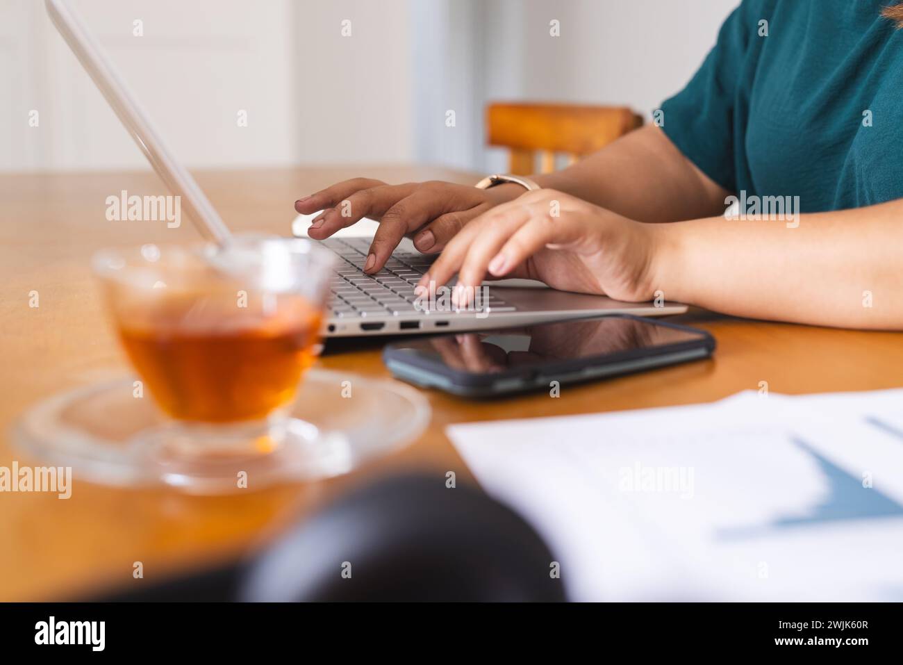 Joven mujer biracial trabaja en su computadora portátil en casa Foto de stock