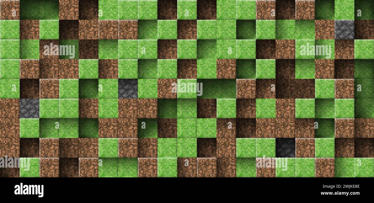 Pixel estilo 3d cubos abstractos. Video juego vector patrón de mosaico de mina geométrica. Paisaje de tierra marrón artesanal, hierba verde, concepto de bloque de piedra gris Ilustración del Vector