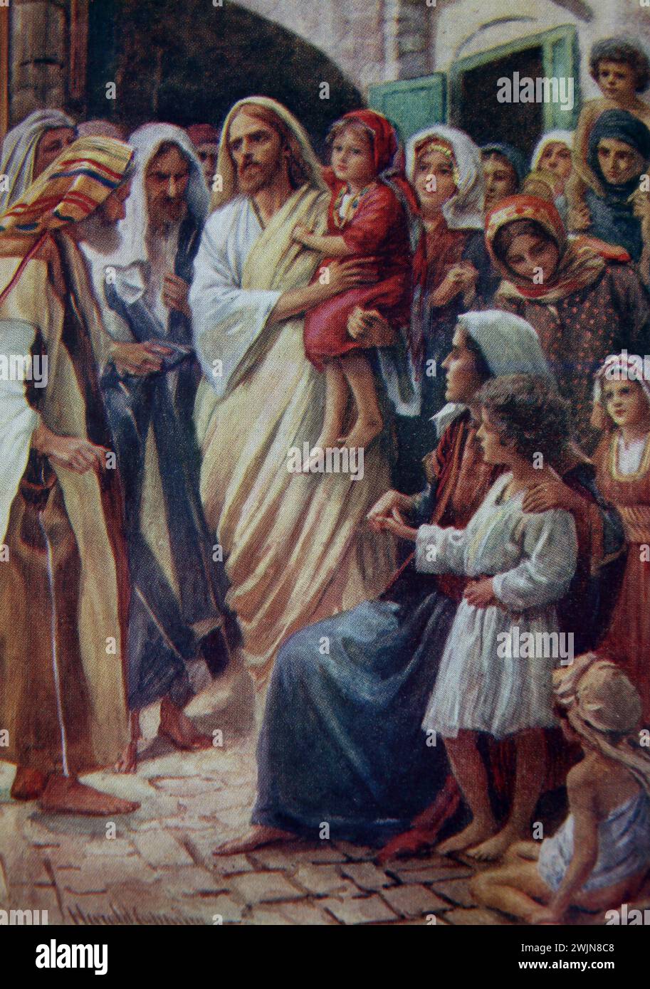 Ilustración de Jesucristo recibiendo a los niños pequeños (Evangelio de Marcos) Nuevo Testamento por Harold Copping Foto de stock