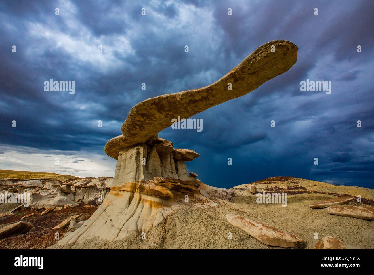 El rey de las alas, un hodoo de piedra arenisca muy frágil en las tierras baldías de la cuenca de San Juan en Nuevo México, con nubes de tormenta detrás. Foto de stock