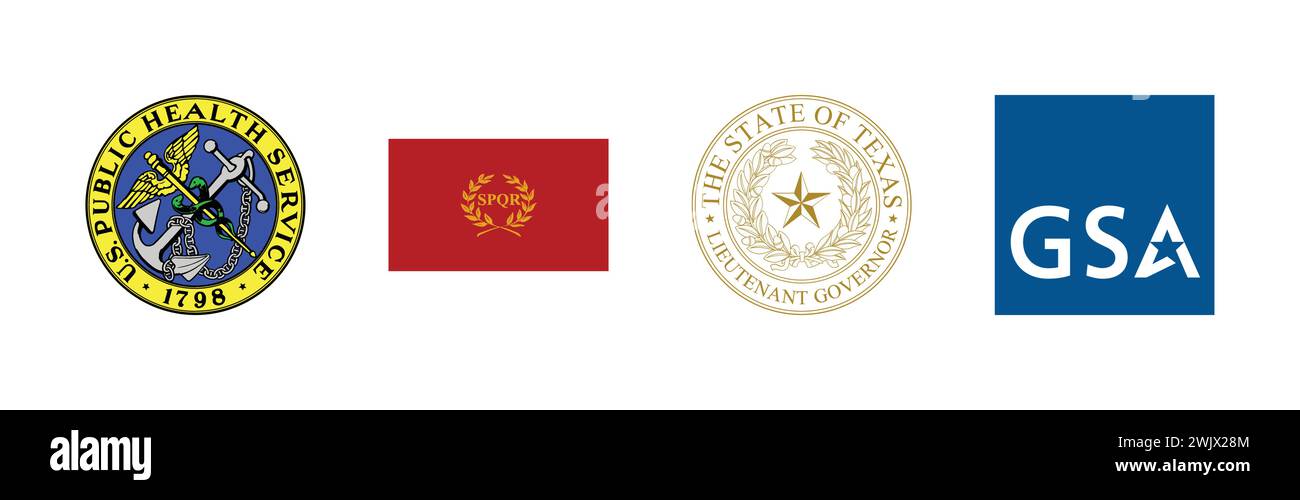Administración de Servicios Generales de los ESTADOS UNIDOS, Bandera Nova Roma, Servicio de Salud Pública de los Estados Unidos, Vicegobernador de Texas, colección de logotipos de marca popular. Ilustración del Vector