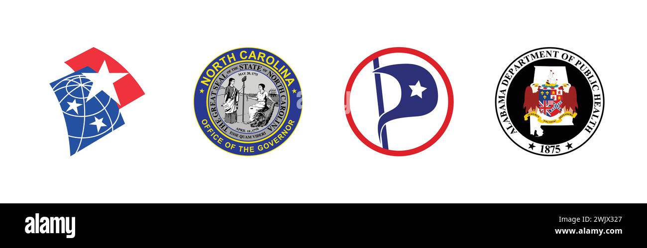 Departamento de Salud Pública de Alabama, Gobernador de Carolina del Norte, partido pirata americano, Atlas Nacional de los Estados Unidos, logotipo de marca popular recoger Ilustración del Vector