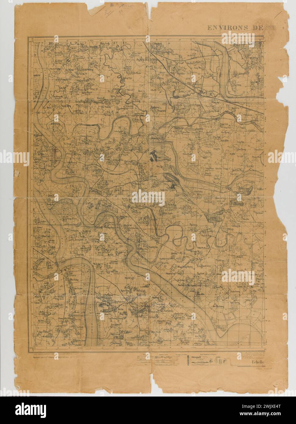 Guerra de Indochina. 1/50 000th mapa alrededor de Hai-Phong. Papel impreso, tinta de impresión azulada, anotaciones en lápiz y tinta. 1946. Museo General Leclerc de Hauteclocque y la Liberación de París, Museo Jean Moulin. Mapa geográfico, colonialismo, armas de conflicto, imperio colonial francés, guerra colonial, guerra de Indochina, Indochina francesa Foto de stock