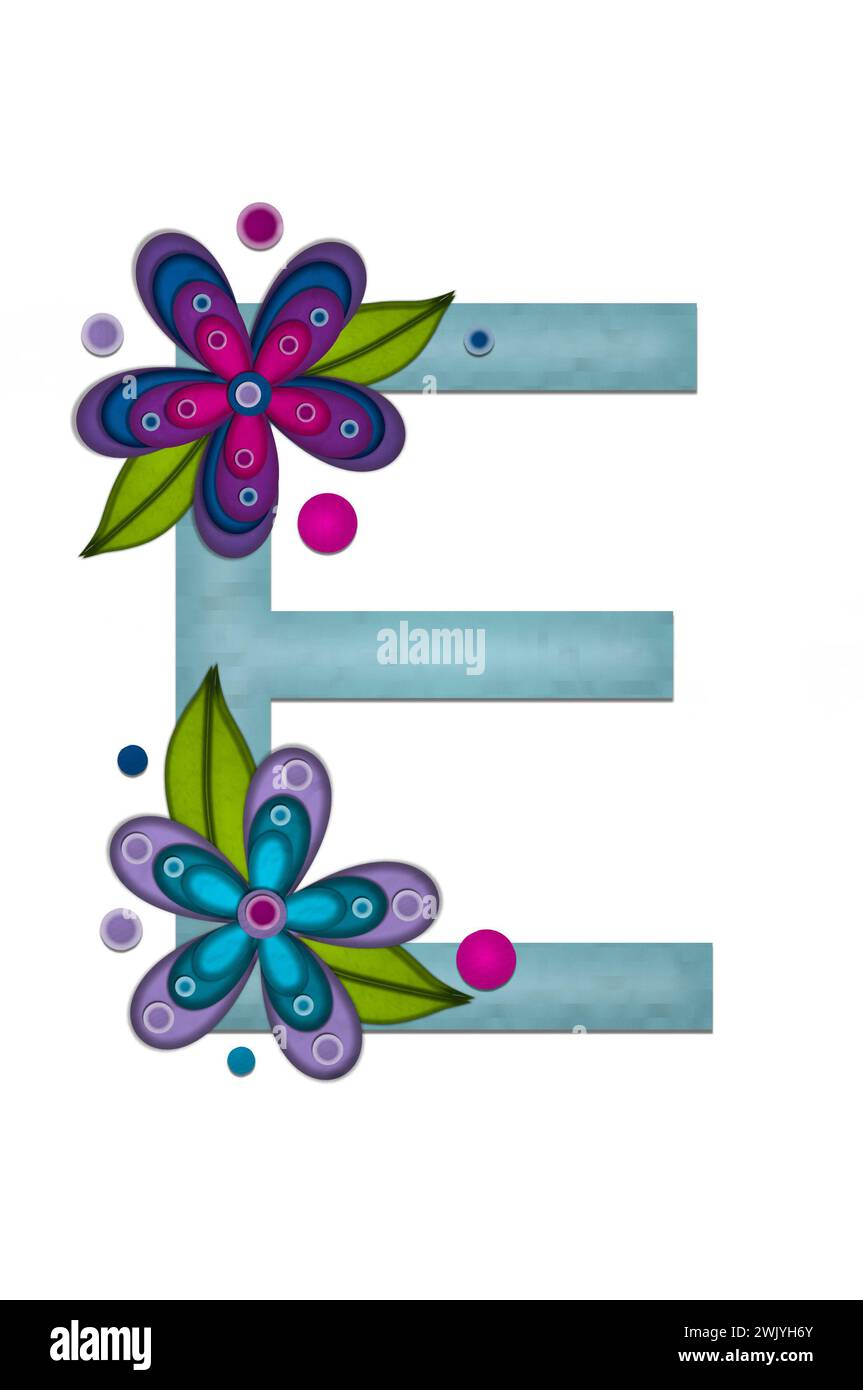 Teal letra de color E, letras de estilo de papel están decoradas con flores de colores. Círculos y lunares se rocían en la letra. Foto de stock