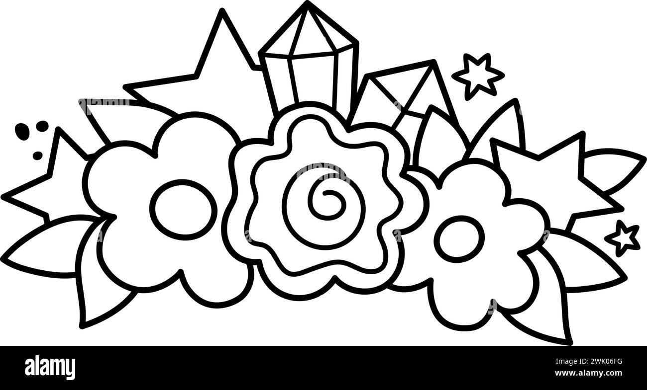 Vector composición en blanco y negro con flores, hojas, estrellas, diamantes. Concepto de tesoro línea Unicornio. Decoración floral del mundo de fantasía de contorno para c Ilustración del Vector