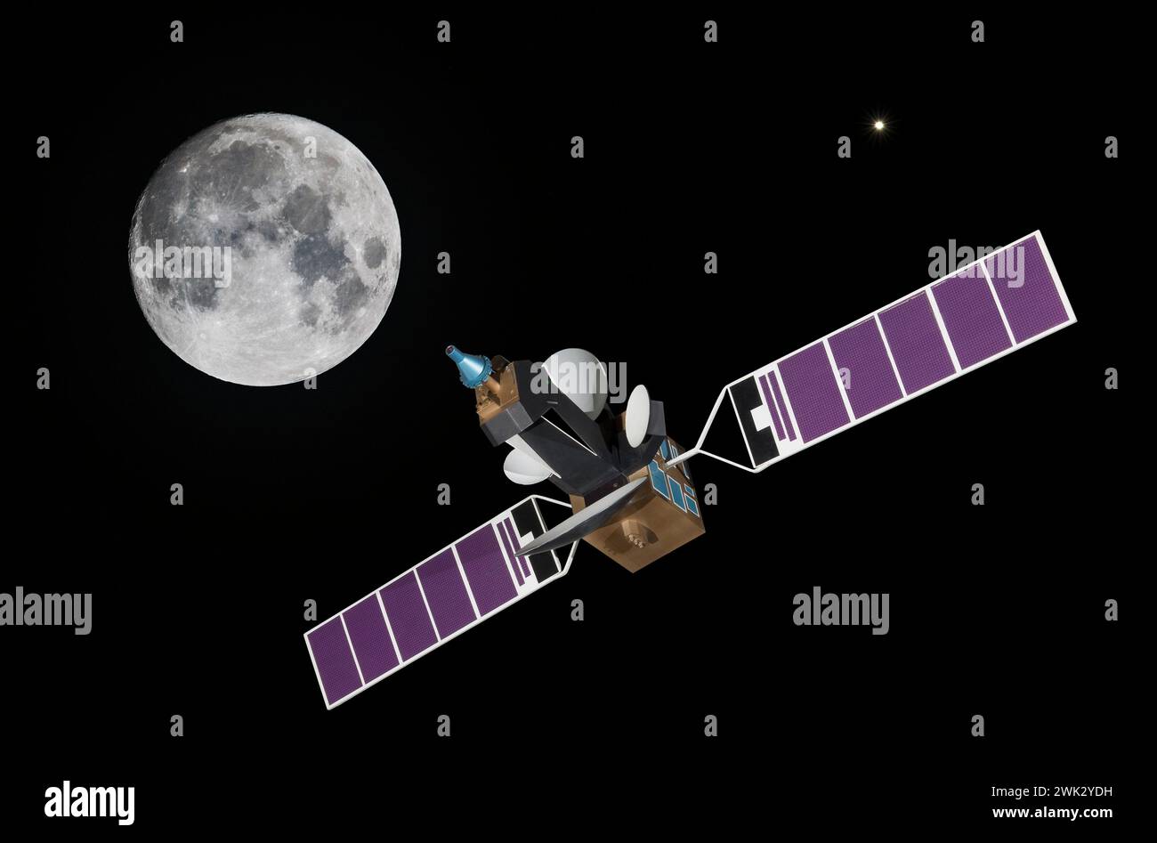 Modelo: El primer satélite comercial de telecomunicaciones INTELSAT 5 sobre el planeta Tierra + Hunter Moon & Júpiter. Configurar 1964. Privatizado en 2001 Foto de stock