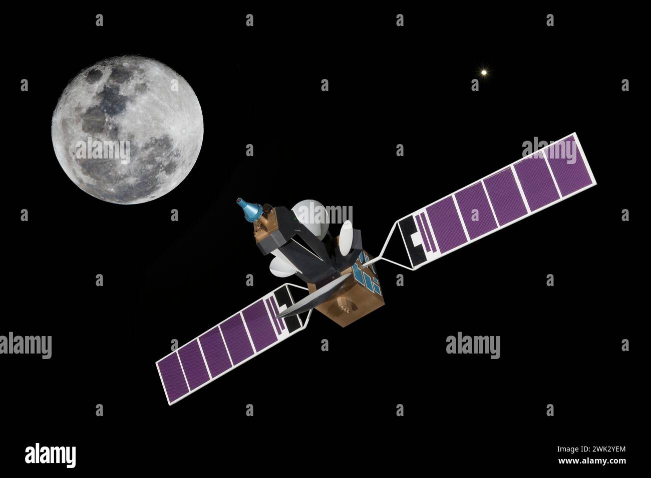 Modelo: El primer satélite comercial de telecomunicaciones INTELSAT 5 sobre el planeta Tierra + Lobo Luna y Júpiter. Creada en 1964. Privatizado en 2001 Foto de stock