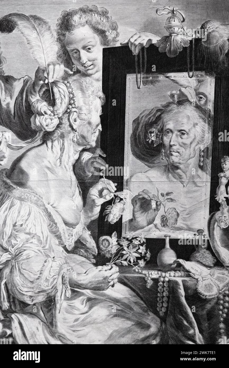 'Mujer vieja en el espejo' reproducción de grabado de Bernardo Strozzi de la pintura de Jeremias Falck El culto de la belleza exposición, Colección Wellcome, Lon Foto de stock