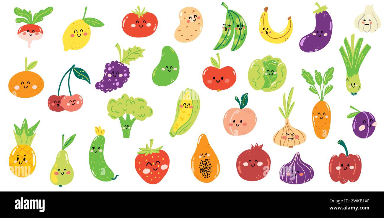 Conjunto de frutas y verduras lindas dibujadas a mano en estilo kawaii. Comida fresca saludable llena de vitaminas, personajes divertidos de los niños. Ilustración del Vector