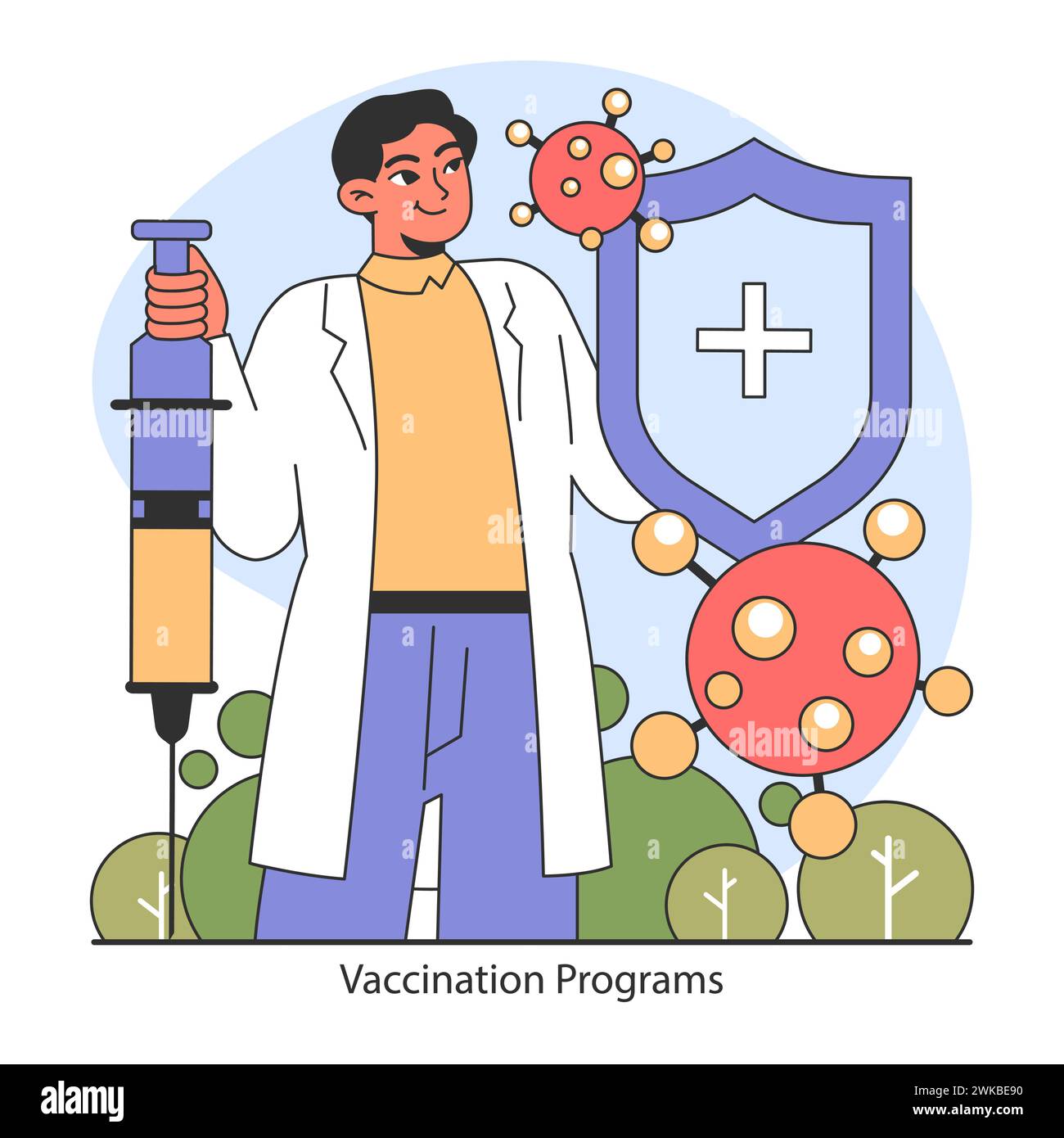 Programa de vacunación. Trabajador sanitario seguro con una jeringa, que representa el poder de la inmunización contra las enfermedades. Un compromiso con la salud y la seguridad públicas. Ilustración vectorial plana. Ilustración del Vector
