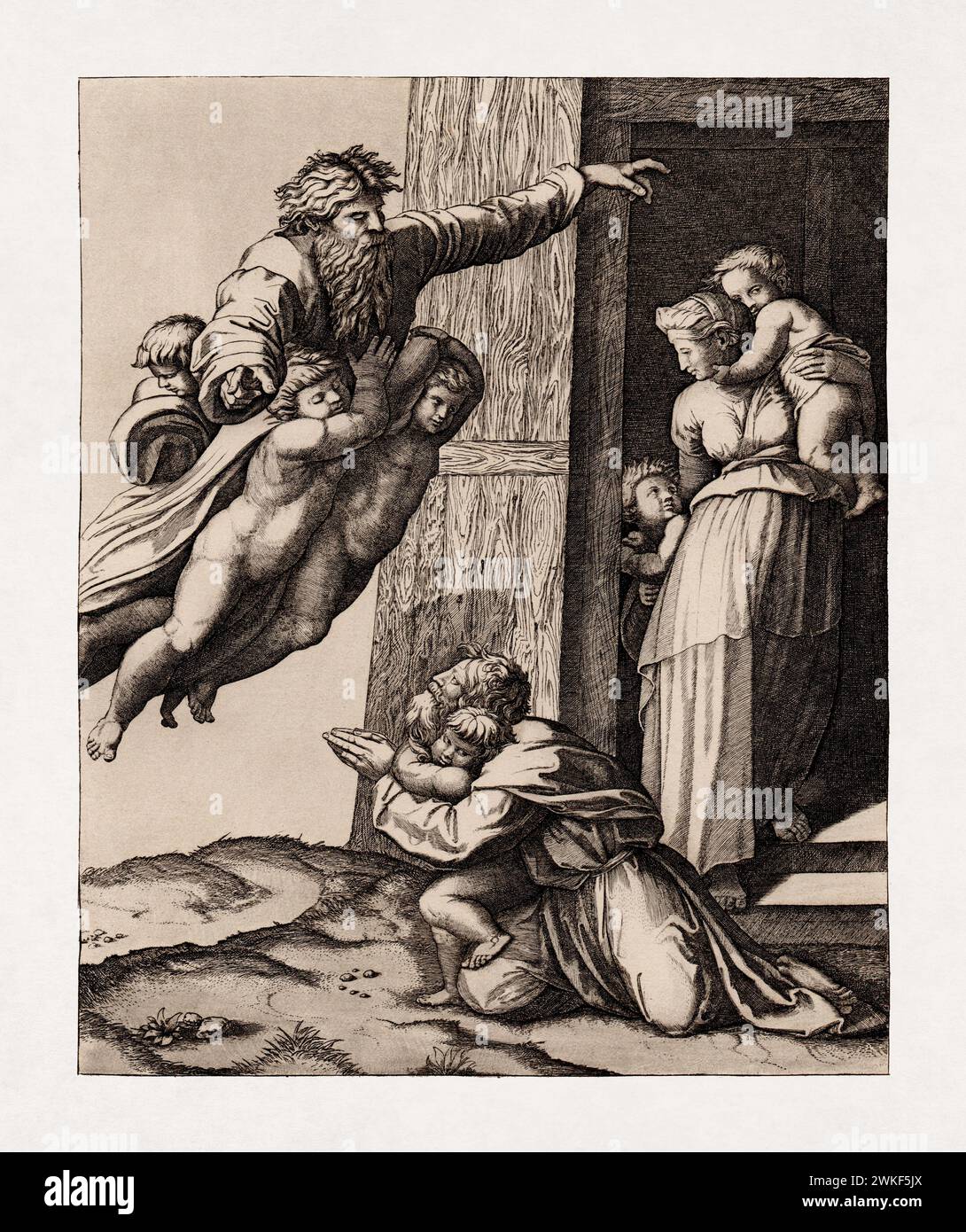 Ilustración titulada 'La vocación de Abraham' grabada por Marcantonio Raimondi después de un fresco de Rafael. Foto de stock