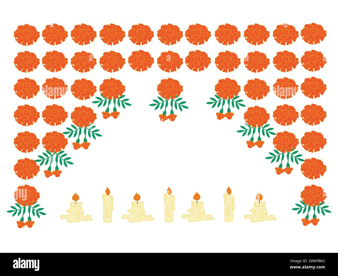 Guirnalda de flores de caléndula y velas ardientes. Ilustración vectorial aislada sobre fondo blanco. Ilustración del Vector